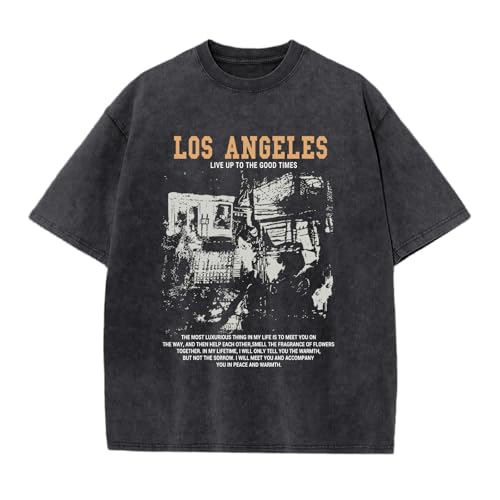 Image of Oversized Boys Graphic Tees Acid Wash Los Angeles Tshirt Youth Cotton T Shirt Crewneck Tee Kids Short Sleeve Tops