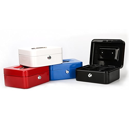 Image of Decaller Cash Box with Money Tray, Metal Locking Money Box with Key Lock for Security, 7 4 /5 inch x 6 4 /5 inch x 3 3 /5 inch, Black, QH2003S | Metal Construction, Key Lock for Security, QH2003S
