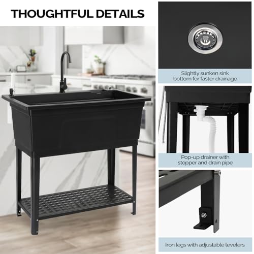 Image of Vingli 37-Gallon Freestanding Utility Sink with Faucet, 36 inch Heightened Basin for Laundry, Garage, Outdoor Garden, Pet Wash, Heavy Duty Plastic Laundry Tub with Storage Shelf, 40 inchLx24 inchWx36 inchH, Black