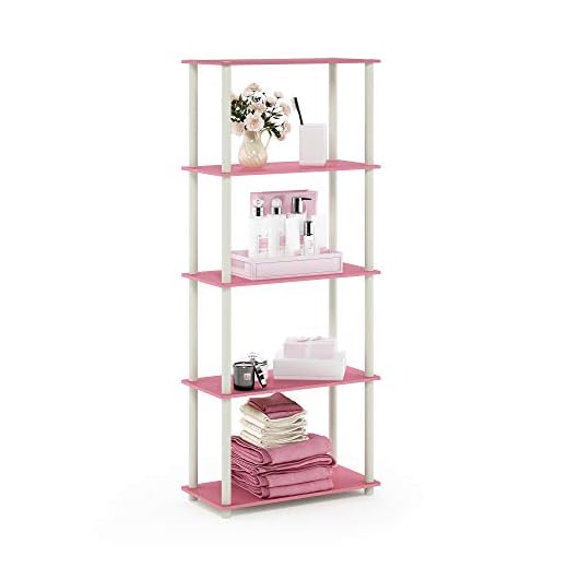 Furinno Estante De Exhibición Multipropósito De 5 Niveles De Giro Y Tubo, Rosa / Blanco