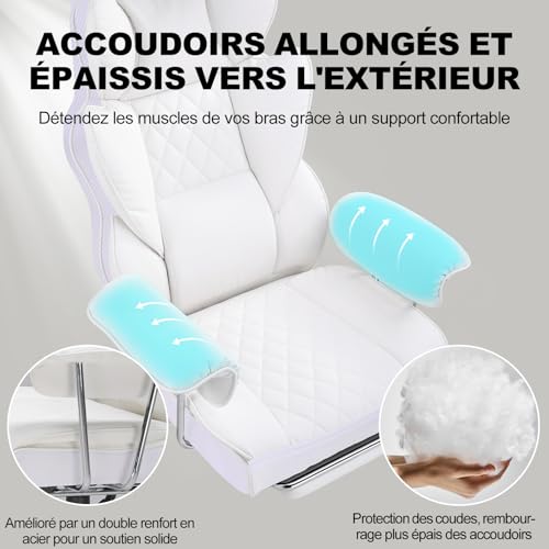 Sedia Gaming Ergonomica Sedia da Gaming Reclinabile Sedia Ufficio con Poggiapiedi Sedia Gamer Schienale Regolabile per Lavoro e Gioco (Bianca) - Sedia gaming - Immagine 7