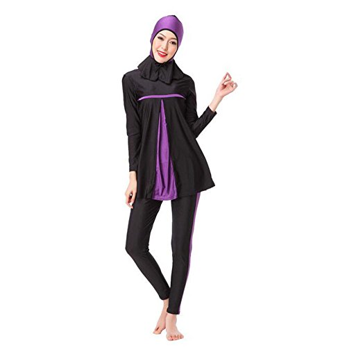 Meijunter Musulman Femmes Manche Longue Modeste 3-Pieces Été Maillots de Bain Islamique Arabe Burkini Tenue de Plage Malaisie Attaché Hijab Casquette Bathing Suit (Couleur:Violet,Taille:XXXL)