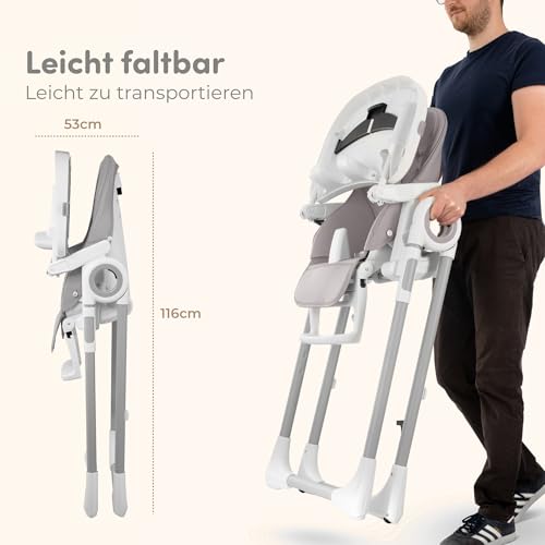 Sweety Fox Hochstuhl Baby mit Liegefunktion - Verstehllbar und Klappbar, Kinderstuhl mit Sicherheitsgurt - Mitwachsender Kinderhochstuhl 6 Monaten bis 3 Jahren, max. 15 kg - Grau