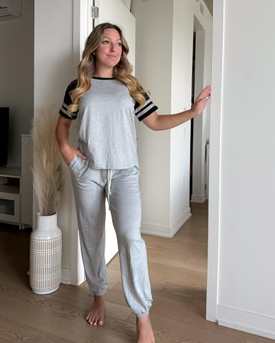 Image of Ekouaer Lounge Sets for Women Two Piece Pajama Set Short Sleeve Crewneck Jogger Outfits and Sweatpants Tracksuit