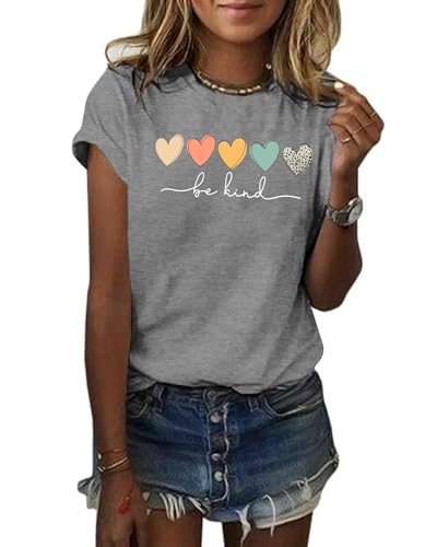 GEMLON Womens T Shirts Be Kind Shirt Cute Graphic Shirt Short Sleeve Tees Inspirational Teacher T-Shirt Tops(Grey S)
