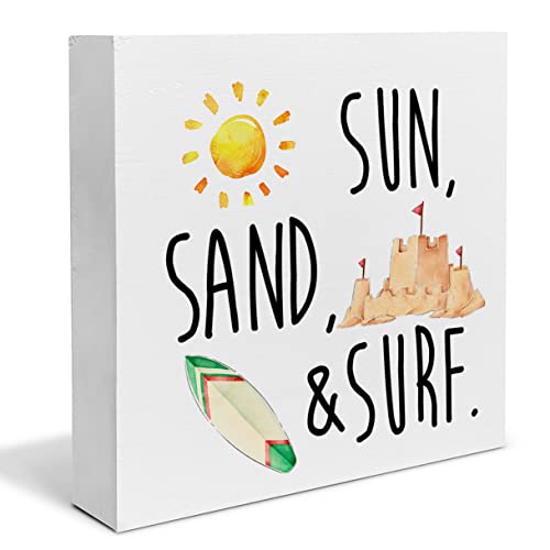 Sun Sand and Surf Wood Box Sign Desk Decor Beach Vacation Wood Block Sign Decor for Home Living Room Beach House Shelf Wall