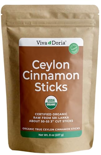 Viva Doria Organic Ceylon Cinnamon Sticks, 3'' Cut, Cinnamomum Zeylanicum, True Cinnamon, 8 Oz, | 50-55 Sticks | 100% Raw From Sri Lanka