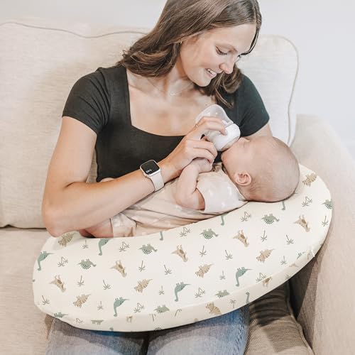 Image of Konssy 2 Pack Nursing Pillow Covers, Stretchy and Soft Nursing Cover for Breastfeeding Pillows, Pillow Slipcover for Baby Girls Boys Newborn (Dino Jungle, Sage)