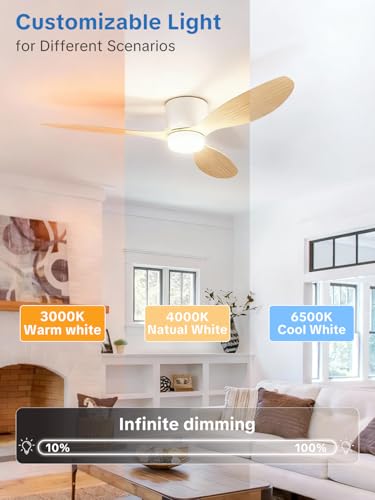 Smart Ceiling Fans with Lights, 42” Low Profile Flush Mount for Bedroom, WiFi Voice Control via Alexa/Google Home, Quiet DC Motor, Dimmable LED 3 Colour Temps, 6 Speeds, Reversible – White Wood Grain - Image 3