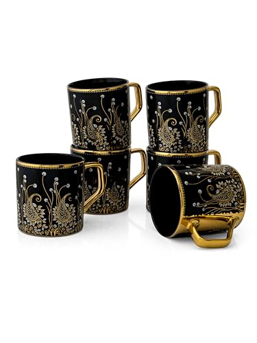 Image of Clay Craft Fine Ceramic Director Gold Printed Tea /Coffee Set of 6-200 ml Each (E609), Tea Cup Set of 6, Mugs for Coffee, Cups Set of 6, Mug Set, Ideal for Gifting, Perfect for Home and Office