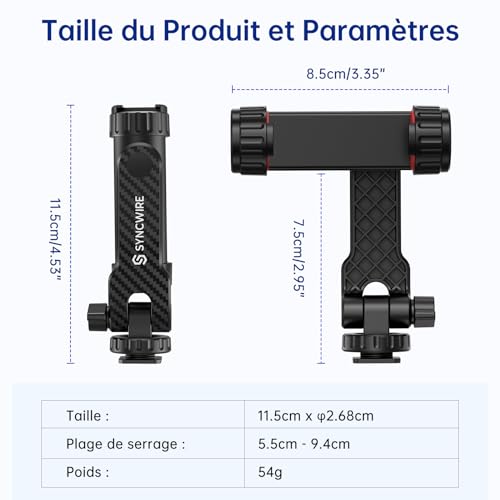 SYNCWIRE Adaptateur Trepied Smartphone, Support Telephone pour Trepied avec 2 Sabots Froids, Base Combinée avec Vis 1/4" et Support de Fixation à Froid, Rotative à 360°, Support D'Appareil Photo – vue 6