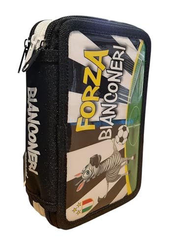 PRESTIGE & DELUXE Trousse scolaire 3 fermetures éclair Forza Bianconeri avec 18 crayons et 18 feutres, 3 stylos, crayon, gomme, taille-crayon, règle et...