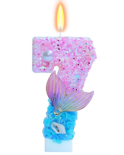 Image of Mermaid Themed Birthday Candles, Number 7 Girls Glitter Birthday Party Supplies,Anniversary Party Decor,2.87 inch Cake Topper Decorations (Mermaid Themed, Number 7)