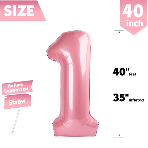Image of 40 Inch Pastel Pink Number 1 Balloon, 1st Birthday Party Decorations | 40 Inch Pastel Pink inflatable foil number balloons, large birthday decorations for 1st birthday