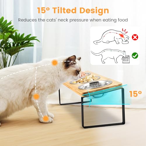 Cuencos inclinados para gatos con soporte, comedero elevado de madera para gatos y perros pequeños, incluye 3 cuencos de acero inoxidable para alimentos y agua