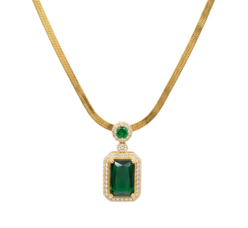 CHHABRA-LUXURY Anti Tarnish chain with Emerald Green Stone studded pendant or Necklace for Women & Girls | Beautiful & Dainty Pendant Necklace | Waterproof Everyday Wear Stylish Jewellery | Locket Chain Classic Fashion Jewellery-image-4