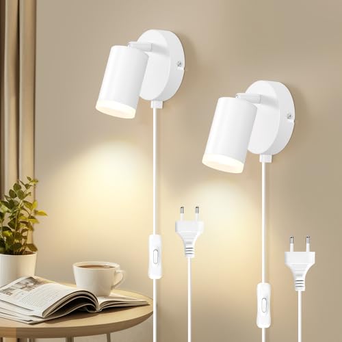 Dehobo Applique da Parete Interno con Interruttore, Moderno GU10 Applique con Spina per Cavo e Interruttore 350°Girevole - Bianco Lampada da Paretes LED Camera da Letto Senza Lampadina - 2 Pack