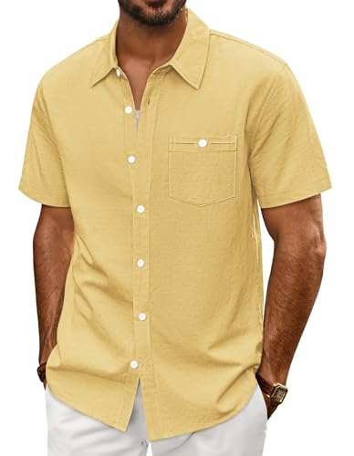 PJ PAUL JONES Mens Short Sleeve Button Down Shirts Summer Beach Shirts Untuckit Cotton Shirt with Pocket