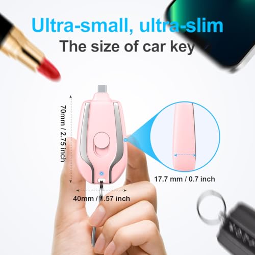 Keychain Portable Charger for USB C, Mini Power Emergency Pod, Ultra-Compact External Type C Power Bank Battery Pack,Small Andriod Cell Phone Charger,Pink 1