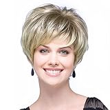 Short Blonde Wigs for White Women Dark Roots Old Lady Karen Wig with Bangs