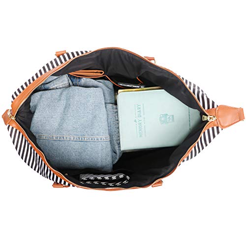 Oflamn Duffle Bag Smooth Nylon Leather Weekender Overnight Travel Carry On Bag (Black White Stripe)