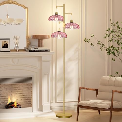 Image of ZECOXOL Gold Floor Lamps for Living Room-3 Light Dimmable Floor Lamp with Three Bulbs & Glass Lampshape, Mid Century Modern Standing Lamp Tree Tall Flower Floor Lamp for Bedroom Living Room,Corner