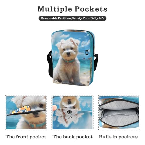 Crossbody Sling Bag for Women Men, Zipper Closure Messenger Bags White Dog Beach Print with Card Phone Passport Compartment 6.6×9.4×2.5 IN2