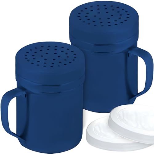 Image of CUSINIUM 10oz Navy Blue Stainless Steel Salt Pepper Dredge Shakers - With Plastic Cap - With Handle - Pack of 2