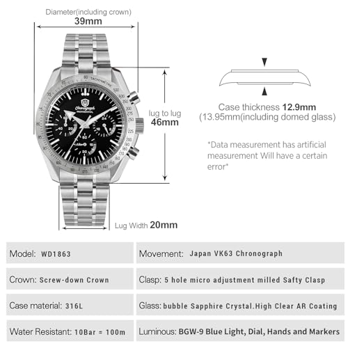 Image of watchdives WD1863 Men Chronograph Watch Japan VK63 Quartz Sports Watches 40mm Bubble Sapphire Crystal Wristwatch 100M Dive Watch