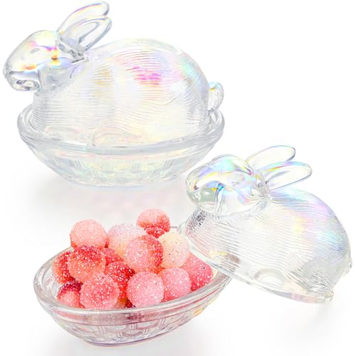 Domensi 2 Pieces Easter Glass Candy Dish with Lid Covered Candy Bowl Glass Bunny Jar Candy Servers for Easter Holiday Office Home Kitchen Table Desk (Iridescent)