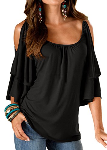 DoubleYI Damen Schulterfrei Oberteil Loose Kurzarm Hemd Top Off Shoulder Tunika T-shirt (M, Schwarz)