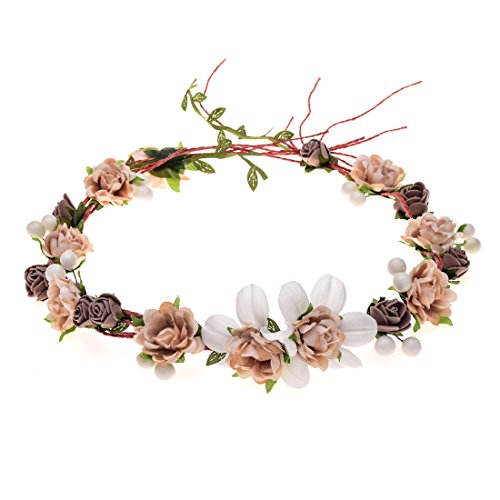 Love Sweety Women Girls Bride Rose Pearl Flower Crown Boho Floral Headpiece for Party (1# Champagne)