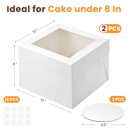 Ocmoiy 2 Sets Cake Boxes with Cake Boards, 10 x 10 x 8 Inches White Bakery Boxes with Window Tall Cake Containers for Wedding Birthday Party