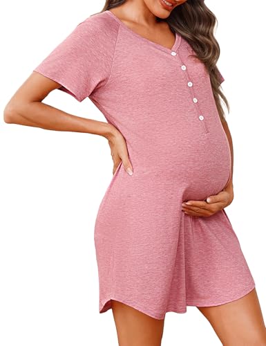 Uniexcosm Camison Embarazada, Camisón Maternidad Lactancia Algodon Camison Premamá Corta Camisón Lactancia Mangas Raglán con Botones Camisón con Cuello en V para Hospital Hogar Raíz de Loto Rosa M