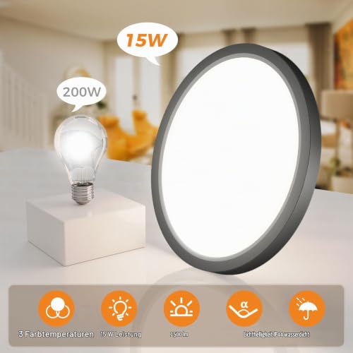 slochi 3Farben LED Deckenleuchte Flach, Ø18cm 15W 1500LM Deckenlampe – Ansicht 3