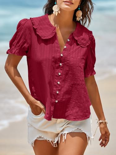 Image of Tankaneo Womens Puff Sleeve Shirts Peter Pan Collar Button Down Cotton Blouse Casual Summer Textured Tops