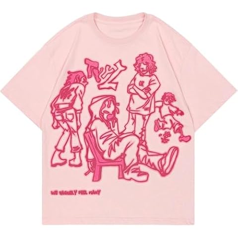 Oversized Graphic Tees Men Vintage Y2K Print Shirts Streetwear Unisex Harajuku T-Shirts Pink XL Cover