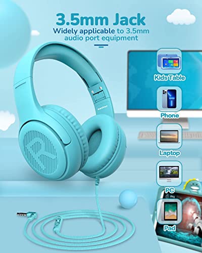 Image of awatrue Kids Headphones for School Travel, 85 /94dB Safe Volume Limit, 3.5mm Jack, HD Mic, Portable Wired Headphone with Shareport, Stereo Sound On-Ear Headphones for Toddler Kids Girls Boys Blue
