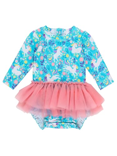 RuffleButts Baby Girls UPF 50+ Sun Protection Tulle Skirted Long Sleeve One Piece Rash Guard Swimsuit