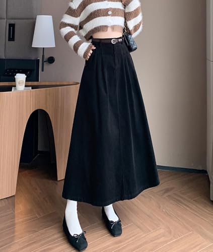 Femiserah Women's Corduroy Long Skirt Elastic High Waist A-Line Pleated Long Skirt with Pockets2