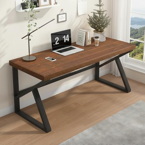 IBF Solid Real Wood Desk, Minimalist 47” Natural Wood Computer Desk, Rustic Desk for Home Office Writing Study, Vintage Industrial Wooden PC Gaming Workstation Computer Table, Brown, 47 Inch - Image 5