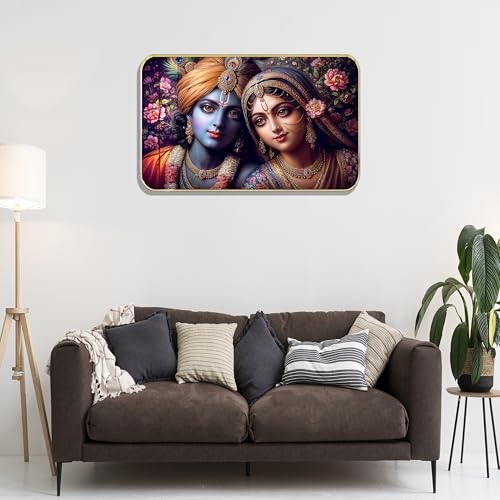 Image of Masstone Radha Krishna Crystal Embedded High Gloss Wall Painting, Golden Slim Frame, 45x30 Cm Wall Art for Living Room, Bedroom, Office & Home Decor (HG10)