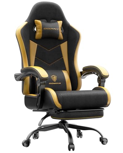 Gaming Chair with Footrest, Ergonomic 330lbs Leather Mesh Chair, Massage Lumbar Support,Adjustable Height & Headrest,Breathable Seat for Office, Home, Streaming, Long Gaming Sessions, Black and Golden
