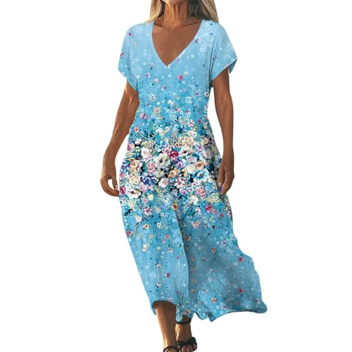 Generisch leinenkleider leinen Strandkleider Beach Kleid Damen leicht und luftig lang Sommer Türkis S