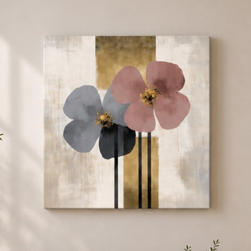 Image of PAINTINGMANTRA Modern Floral Abstract Stretched Canvas Painting for Living Room | Minimal Botanical Bloom Wall Decor Art For Livingroom, Bedroom, Office, Hallways - 34x34 Inch