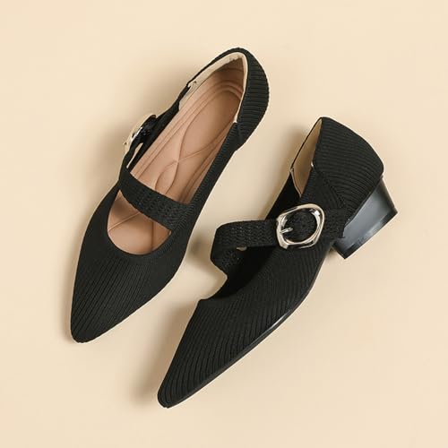 Women's Knit Low Chunky Block Heel Mary Jane Pumps with Adjust Metal Buckle Strap Fashion Closed Pointed Toe Shallow Mouth Slip On Heels Comfortable Casual Business Dress Shoes4