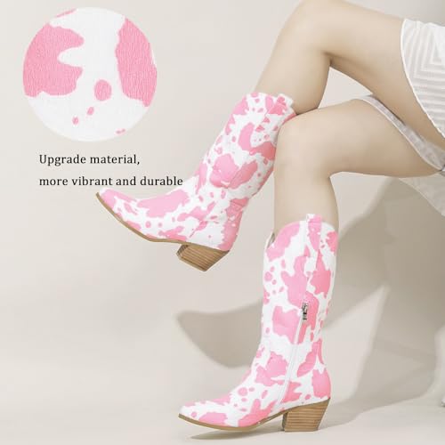 Image of Cozivwaiy Women Mid Calf Cowboy Boots Chunky Heel Half Boot Cow Print Western Boots Plus size (US 4-12.5)