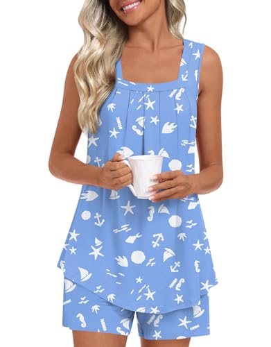 Image of LONGYUAN Womens Sleeveless Pajama Set Soft Summer Lounge Shorts Tank Top Sleepwear with Pockets 2 Piece Set M-3XL