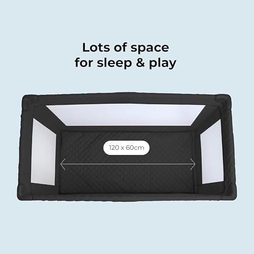 My Babiie Travel Cot - Lightweight, From Birth to 15kg, Easy Fold & Compact, Travel Bag, 120cm x 60cm Padded Mattress - Quilted Black - Image 2