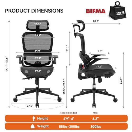 Image of SIHOO B100 Office Chair, Comfy Ergonomic Office Chair, Computer Chair with Adaptive Lumbar Support & Wide Headrest, Flip-up Armrests, Swivel Desk Chair for Long Hours, Without Footrest, Black